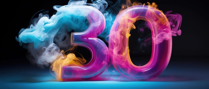 Colorful number thirty with vibrant smoke on black background. Symbol 30. Invitation for a thirtieth birthday party or business anniversary. Neon light and colors. Generative AI