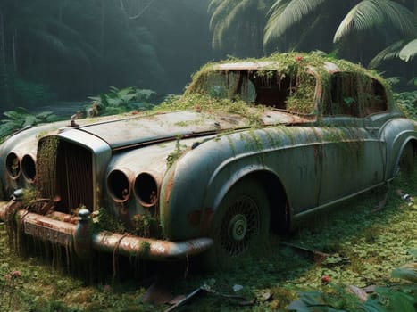 Abandoned rusty expensive atmospheric deluxe sedan car limo as circulation banned for co2 emission 2030 agenda , severe damage, broken parts, plants overgrowth bloom flowers. ai generated