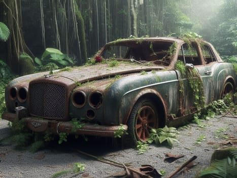 Abandoned rusty expensive atmospheric deluxe sedan car limo as circulation banned for co2 emission 2030 agenda , severe damage, broken parts, plants overgrowth bloom flowers. ai generated