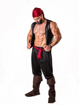 A muscular topless man with a red bandanna and pirate costume, standing isolated in front of a white background, full figure shot