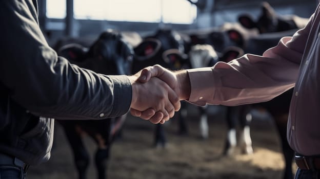 Handshake of two farmers in suits against the background of a hangar stall with brown cows.