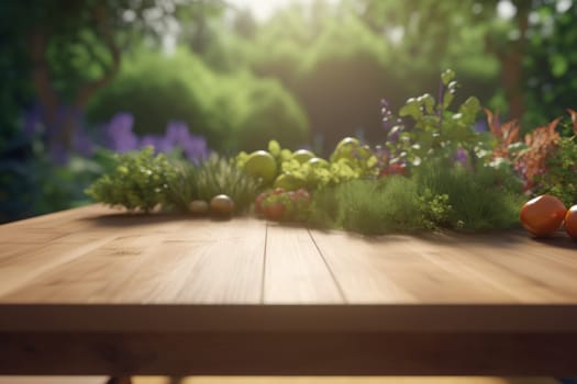 fresh organic herbs and vegetables lie on a wooden table in the garden in daylight .