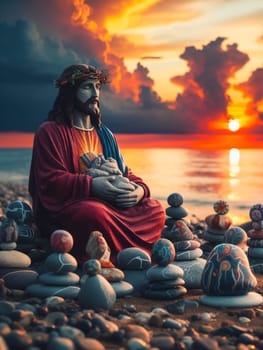 Sculpture of Jesus Christ made of pebbles at the beacj at sunset, asking for peace stop war concept ai generated