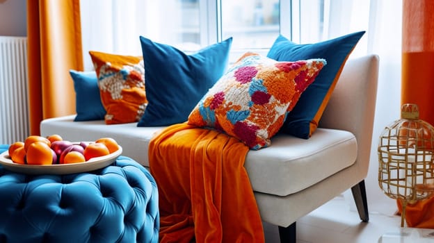 vibrant interior design with colored sofa and cushions - generative AI