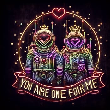 steampunk bee king and queen in love neon sign valentines illustration concept rusty background generative ai art