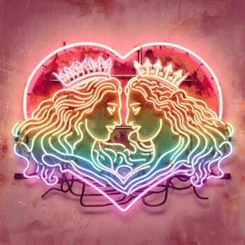 steampunk king and queen in love neon sign valentines illustration concept rusty background generative ai art