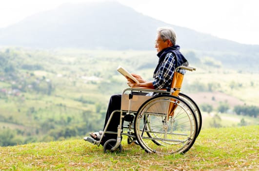 Asian senior man with eyeglasses read the book and sit on wheelchair also stay near the cliff with grassfield and mountain as background.
