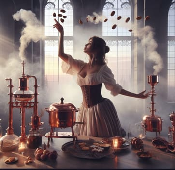 glamourous chef in steampunk kitchen with windiwn natural light cooking posing dancing singing illustration generative ai art