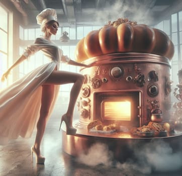 glamourous chef in steampunk kitchen with windiwn natural light cooking posing dancing singing illustration generative ai art