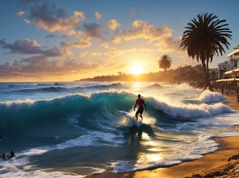 one male surfer catch waves in the sea at sunset in idyllic place beach ai generated