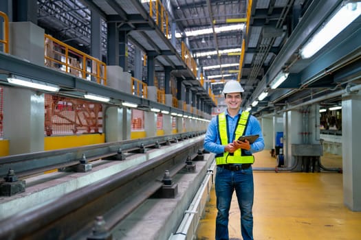 Portrait of professional engineer worker hold tablet and look at camera with smiling also stand near railroad tracks in factory workplace.