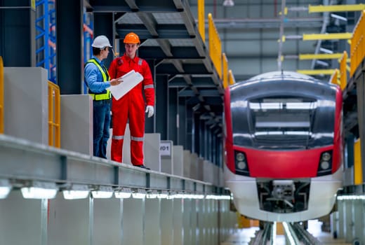 Professional engineer hold drawing plan and technician worker stay and discuss beside railroad tracks of electrical or sky train in factory workplace.