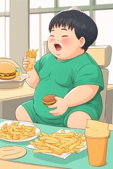 obese boy girl eating fast food , hamburger, french fries - unhealthy eating concept illustration generative ai art