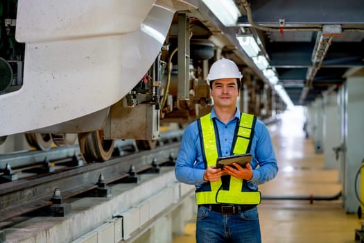 Portrait of professional engineer worker hold tablet and look at camera also stand near train and railroad tracks in factory workplace.