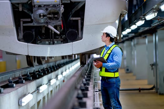 Professional engineer worker hold tablet and check or maintenance front part of electrical or metro tain in factory workplace.