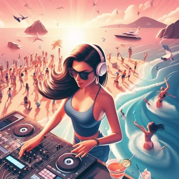 woman dj , wearing glasses earphone hosting dj set at crowded beach party in tropical island sunset ai generative art