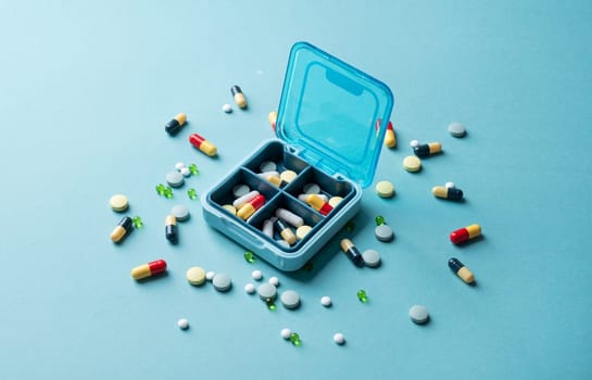composition with pill box and pills on blue color background