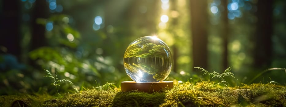 A crystal ball reflecting a forest, lit by sunlight, banner