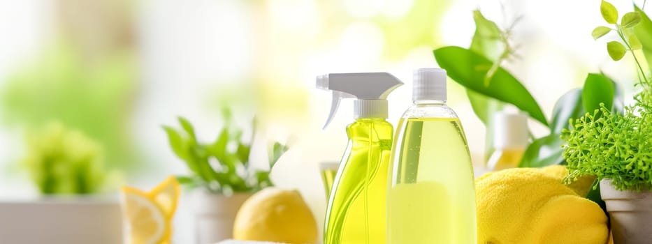 Eco-friendly cleaning supplies with fresh green plants on a bright background, banner