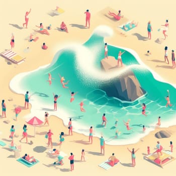 people having fun in the beach, isometric view, sea waves, 3d illustration generative ai art