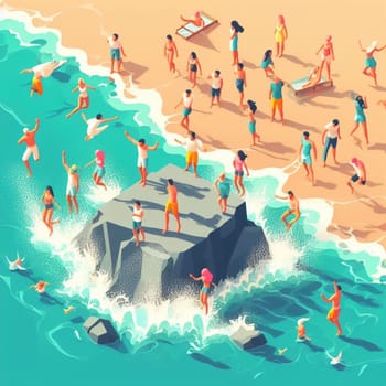 people having fun in the beach, isometric view, sea waves, 3d illustration generative ai art