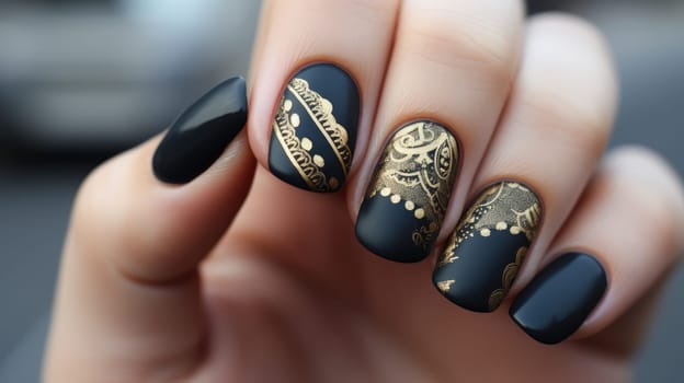 Women hands. Matte black manicure with accent gold pattern AI