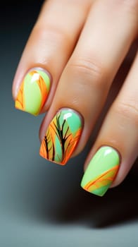 Bright neon manicure on female hands with accessories. Nail design. AI