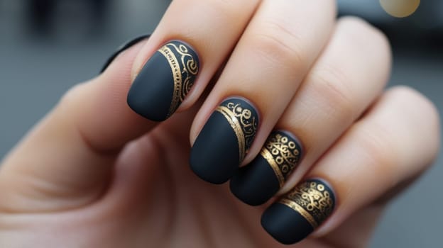 Women hands. Matte black manicure with accent gold pattern AI