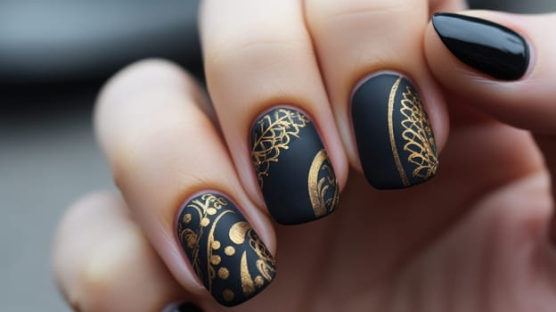 Women hands. Matte black manicure with accent gold pattern AI