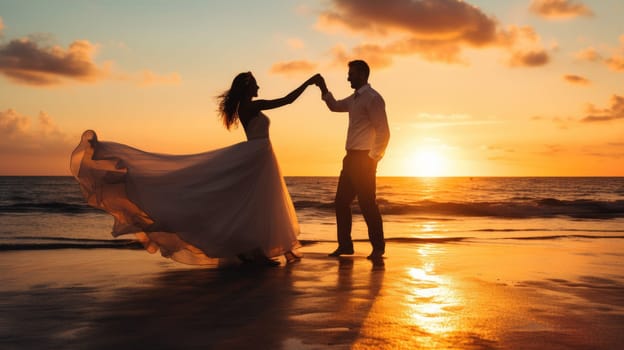 Happy couple celebrating wedding ceremony on the beach, luxurious sunset AI