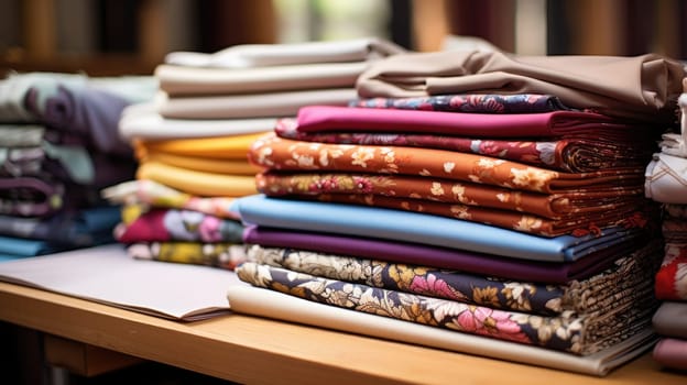 Samples of fabrics in a tailor studio in bright colors. AI