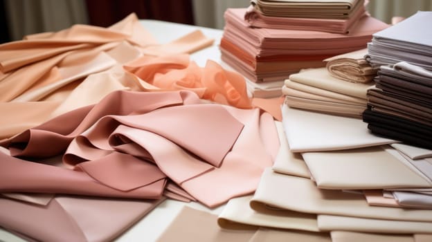 Samples of fabrics in a tailor studio in a soft peach color. AI