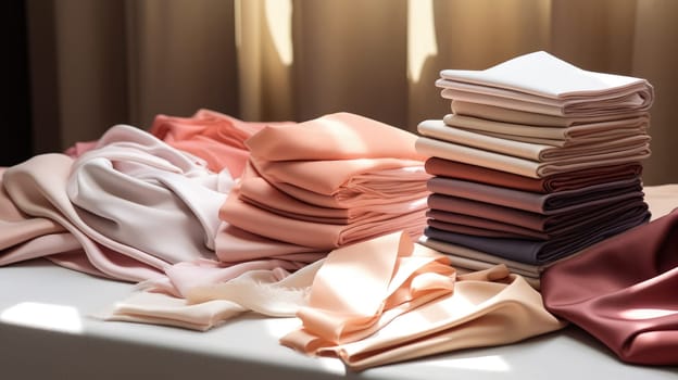 Samples of fabrics in a tailor studio in a soft peach color. AI