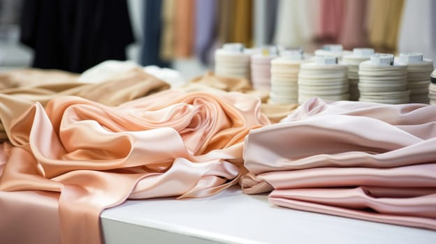 Samples of fabrics in a tailor studio in a soft peach color. AI