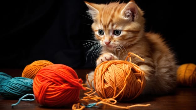 Plush kitten playing with an ball of wool. A funny moment from life with a cat and a ball of thread AI