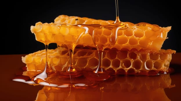 Marco juicy honeycomb on black background. Fresh sweet honey. Healthy foods AI