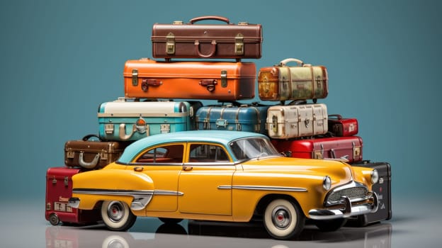 Car and various types of suitcases on background. Road trip concept AI