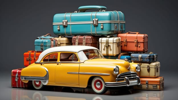 Car and various types of suitcases on background. Road trip concept AI