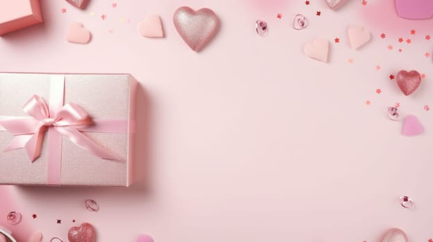 Pink greeting card mockup with gift boxes and hearts. Flat lay, top view, copy space. AI