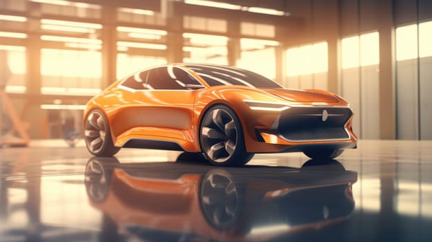 Presentation of a new orange car in a spacious sunlit pavilion AI