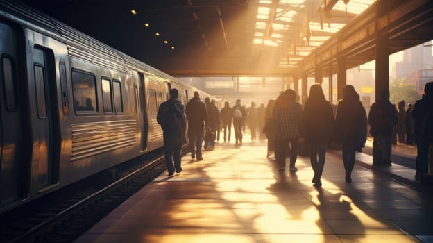 Sunlit station platform with blurry people waiting for their train. Background in motion AI