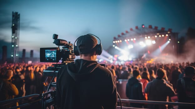 Videographer working at a music festival, filming bright performances of artists. AI
