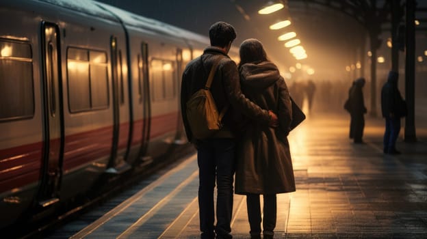 Loving couple saying goodbye on the platform before a long separation AI