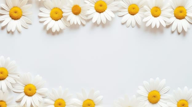 White background with chamomile frame and copy space. Flat layer, top view. AI