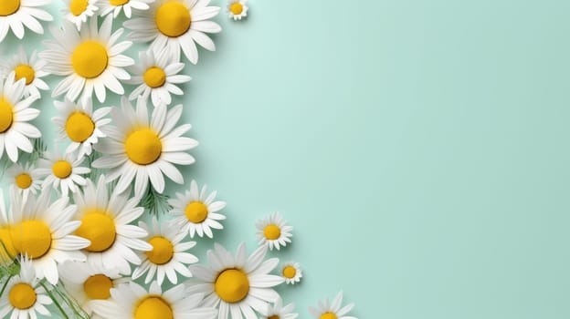 Mint background with chamomile frame and copy space. Flat layer, top view. AI