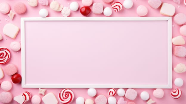 Blank pink white frame. Assorted sweets, confectionery, chocolates and candy around empty frame. Copy-space. Flat lay, top view AI