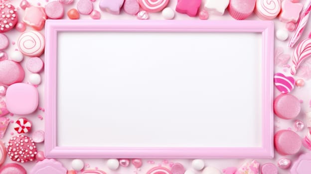 Blank pink white frame. Assorted sweets, confectionery, chocolates and candy around empty frame. Copy-space. Flat lay, top view AI