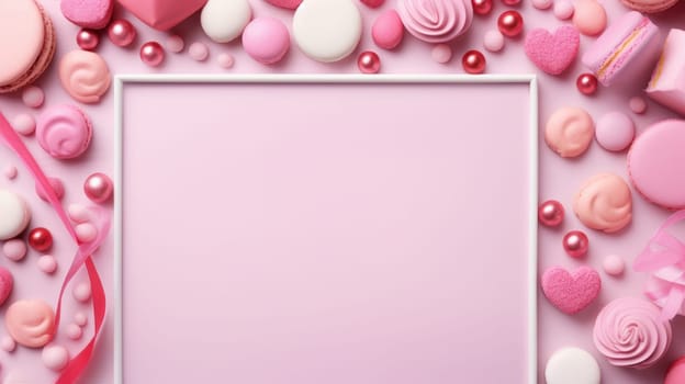 Blank pink white frame. Assorted sweets, confectionery, chocolates and candy around empty frame. Copy-space. Flat lay, top view AI