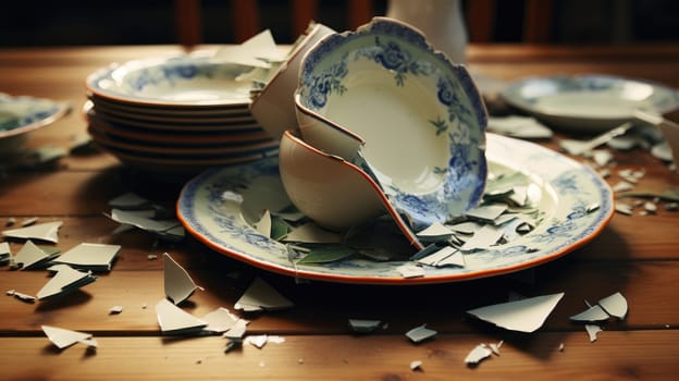 Many white broken plates on a wooden floor. Broken dishes after a quarrel AI