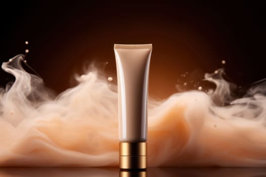 Liquid foundation tube from recycled plastic with smoke against dark background. Luxury elegant cosmetic product mock up for presentation, modern advertising with copy space for text